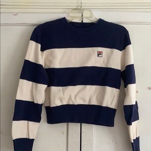 FILA cropped crew neck striped sweater. Navy/cream color. M